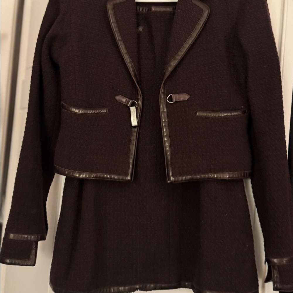 CHANEL Dark Brown Tweed Jacket with Leather Trim
